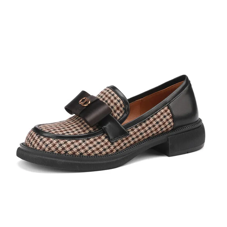 Ladies Round Toe Houndstooth  Bow Detail Flat Loafers