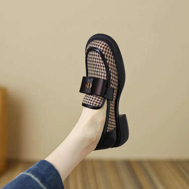 Ladies Round Toe Houndstooth  Bow Detail Flat Loafers