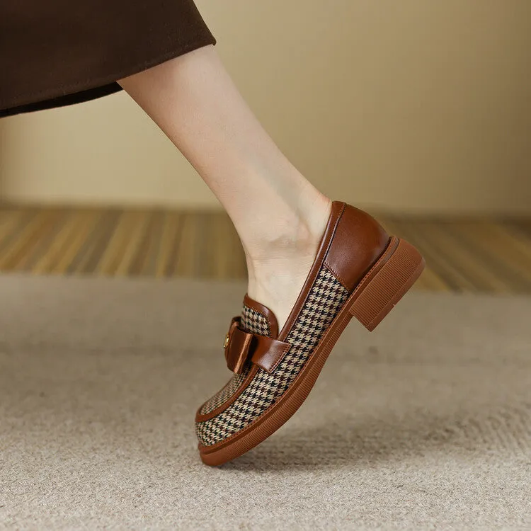 Ladies Round Toe Houndstooth  Bow Detail Flat Loafers
