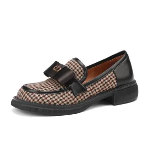 Ladies Round Toe Houndstooth  Bow Detail Flat Loafers