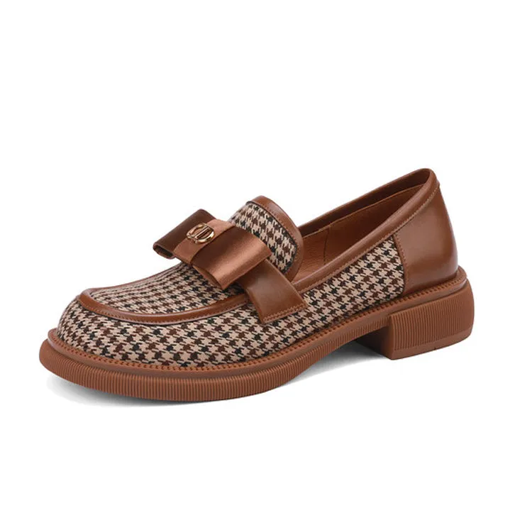 Ladies Round Toe Houndstooth  Bow Detail Flat Loafers
