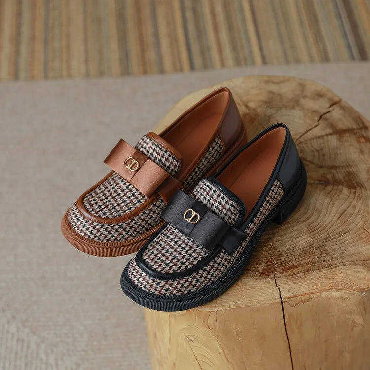 Ladies Round Toe Houndstooth  Bow Detail Flat Loafers