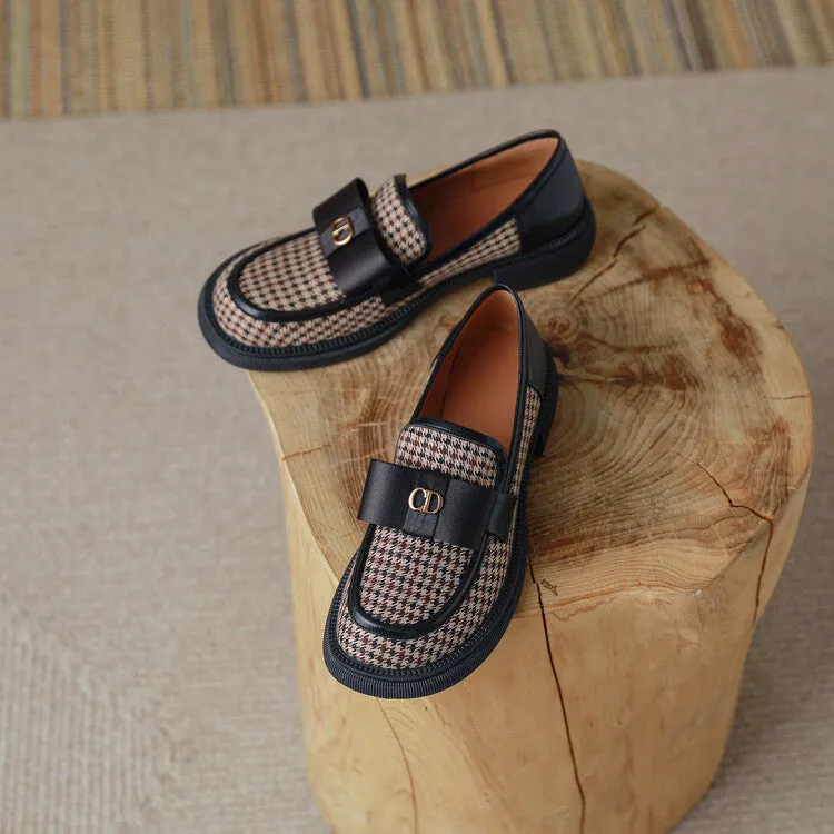 Ladies Round Toe Houndstooth  Bow Detail Flat Loafers