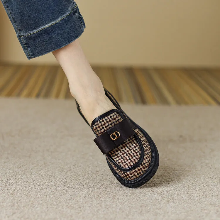 Ladies Round Toe Houndstooth  Bow Detail Flat Loafers