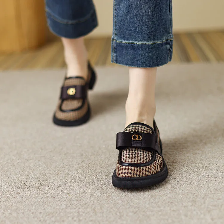 Ladies Round Toe Houndstooth  Bow Detail Flat Loafers