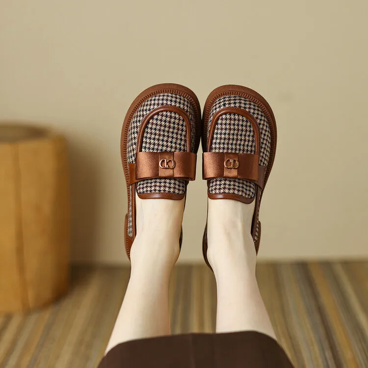 Ladies Round Toe Houndstooth  Bow Detail Flat Loafers