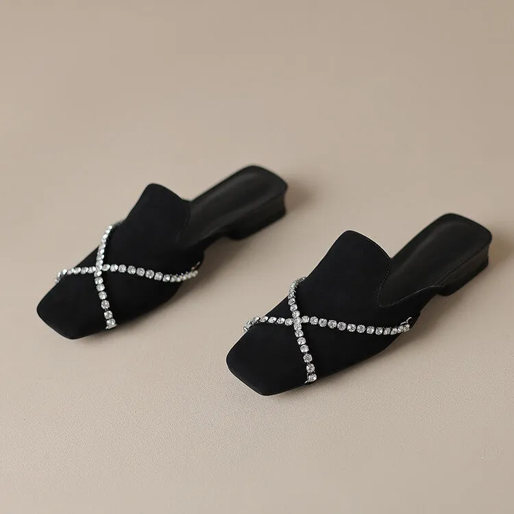 Ladies Square Toe Cross Rhinestones Suede Mule Slip on