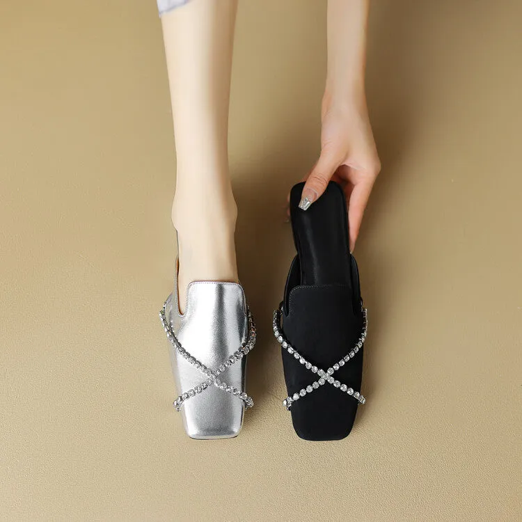 Ladies Square Toe Cross Rhinestones Suede Mule Slip on