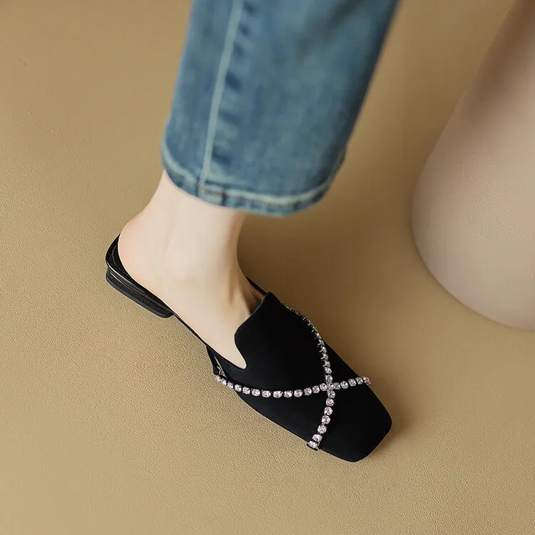 Ladies Square Toe Cross Rhinestones Suede Mule Slip on