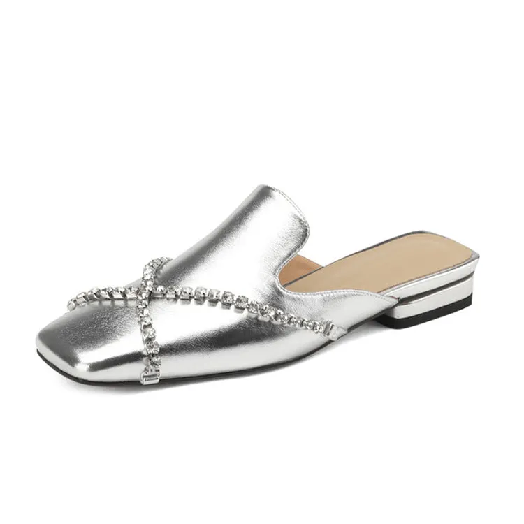 Ladies Square Toe Cross Rhinestones Suede Mule Slip on