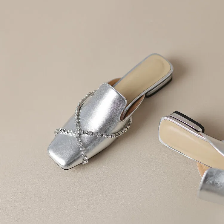 Ladies Square Toe Cross Rhinestones Suede Mule Slip on