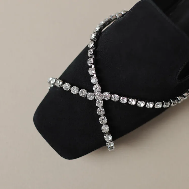 Ladies Square Toe Cross Rhinestones Suede Mule Slip on