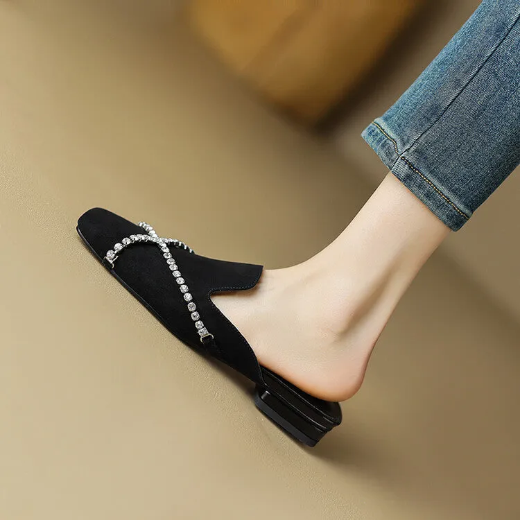 Ladies Square Toe Cross Rhinestones Suede Mule Slip on