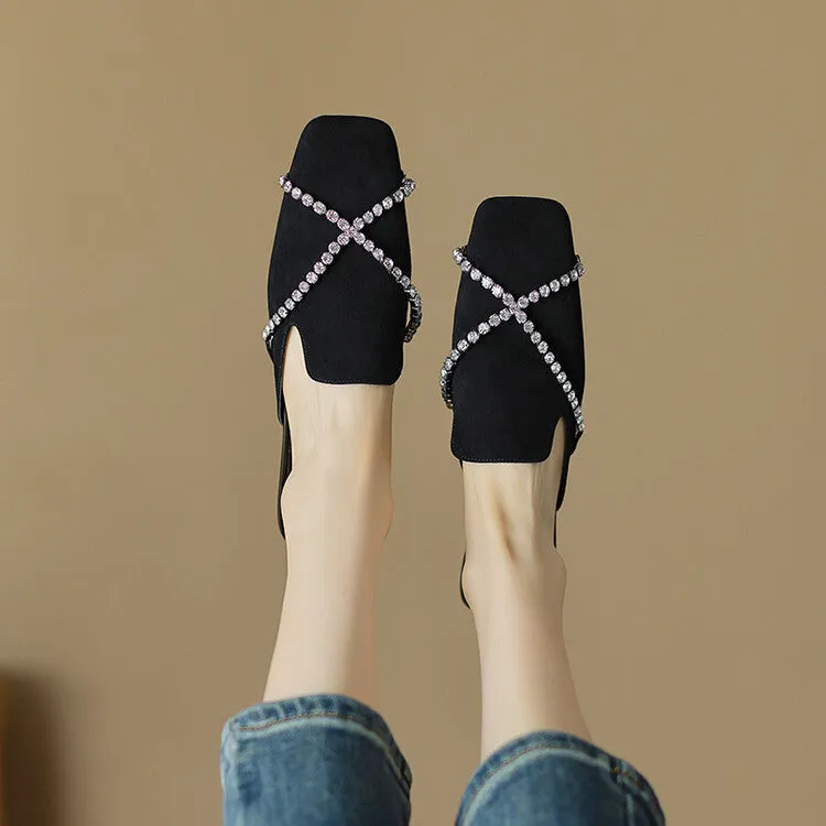 Ladies Square Toe Cross Rhinestones Suede Mule Slip on