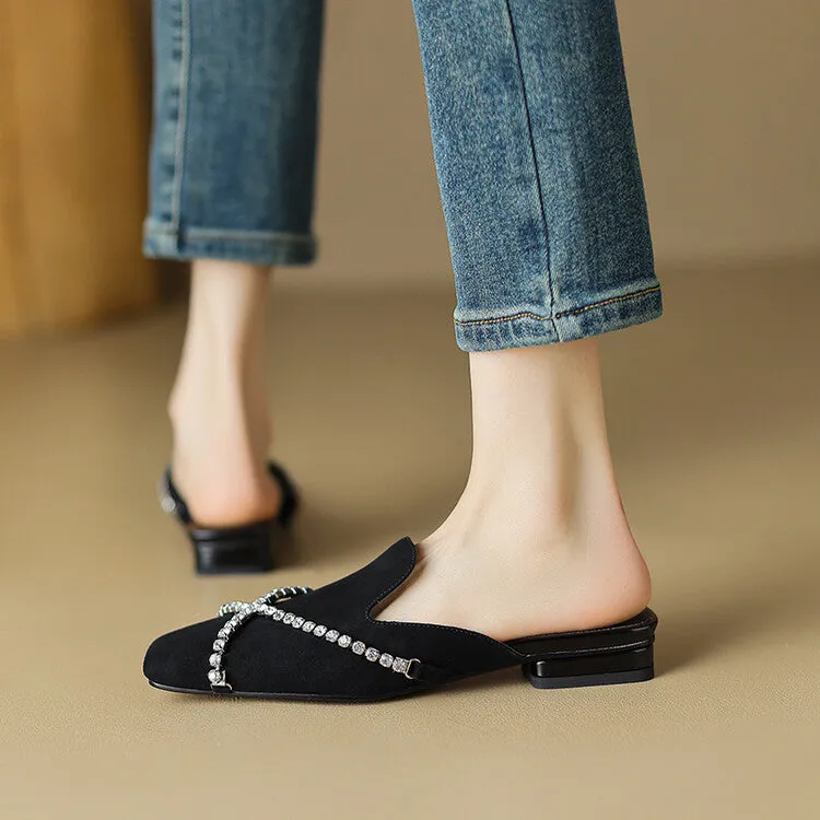 Ladies Square Toe Cross Rhinestones Suede Mule Slip on