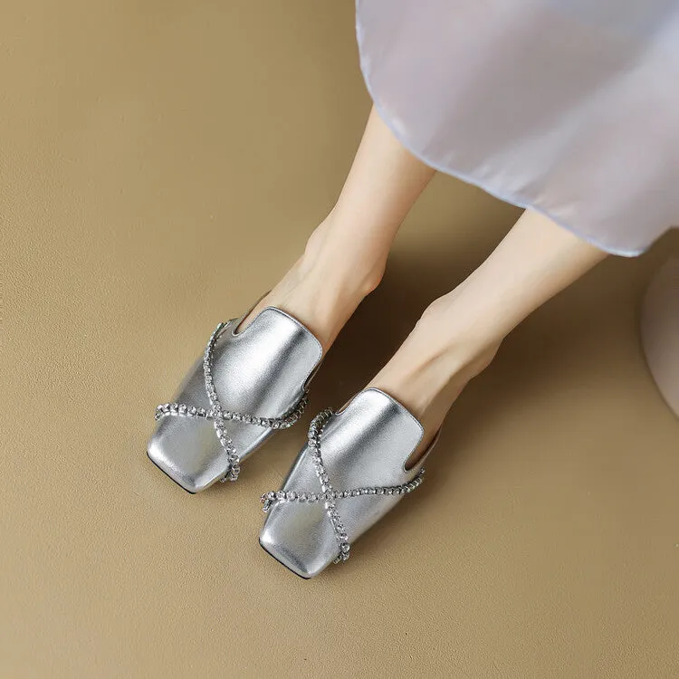 Ladies Square Toe Cross Rhinestones Suede Mule Slip on