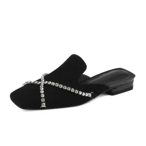 Ladies Square Toe Cross Rhinestones Suede Mule Slip on