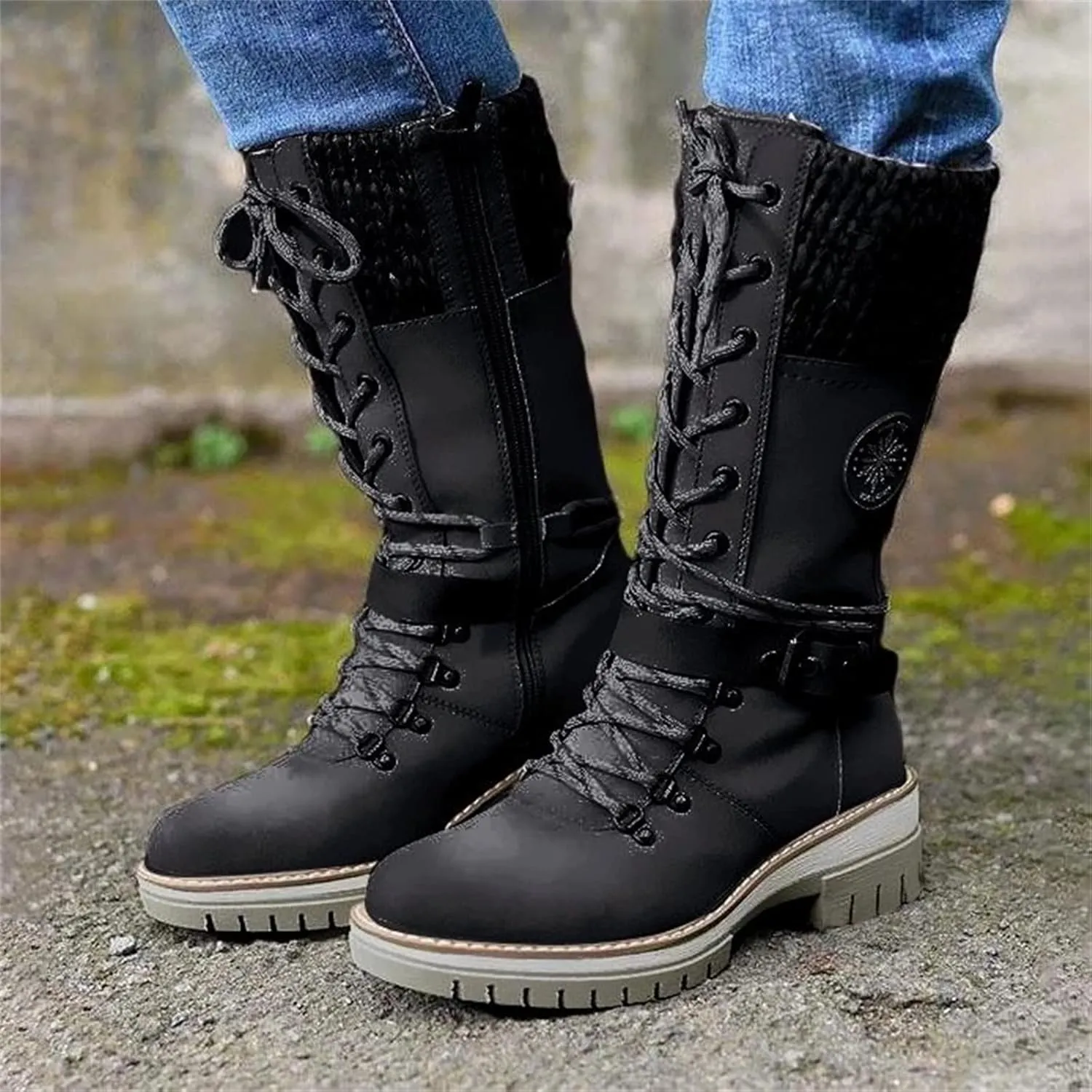 Lausiuoe Boots For Women Low Heel Mid Calf Warm Thermal Outdoor Walking Snow Winter Boots Chunky Side Zip Western Cowboy Boots