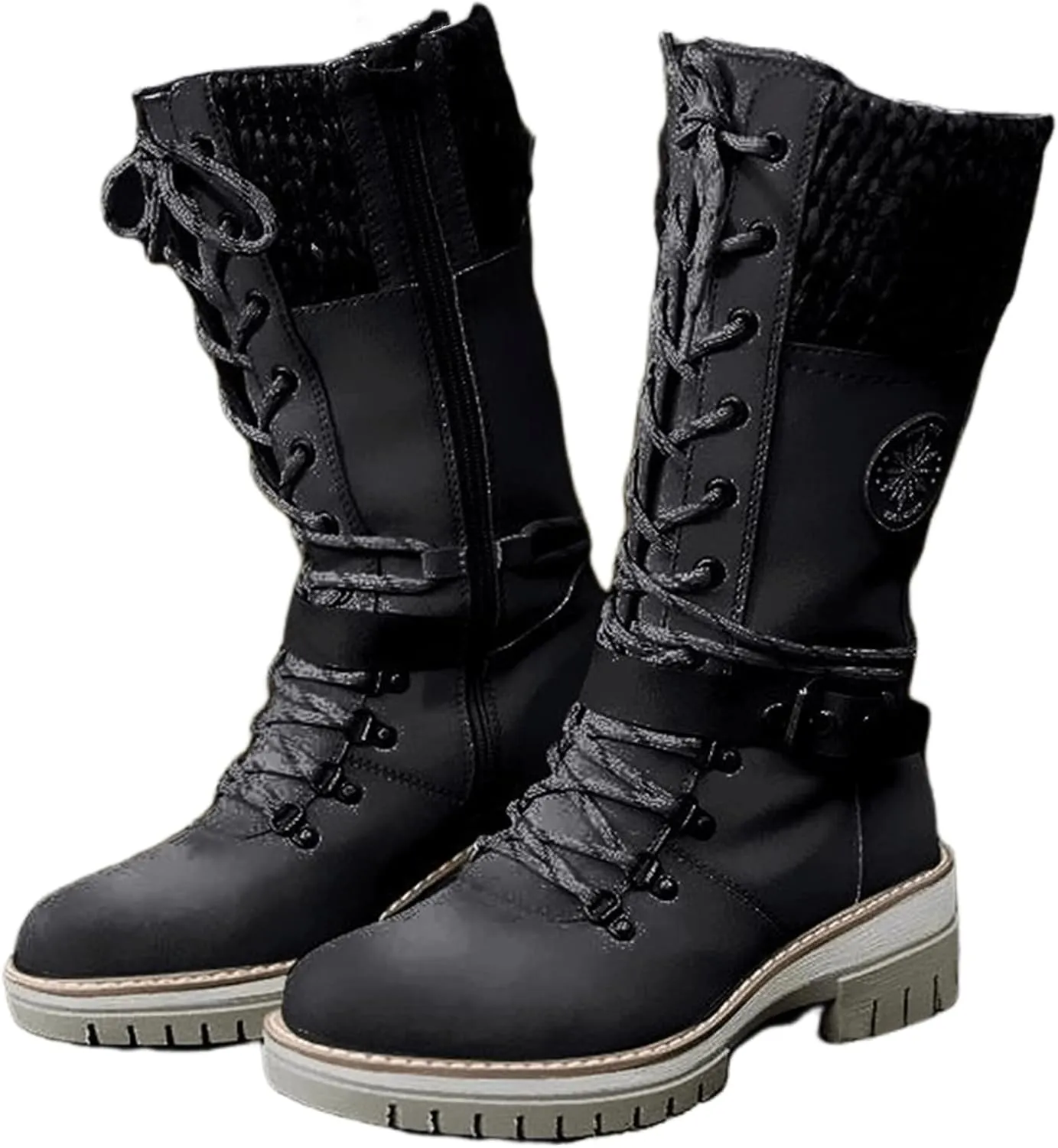 Lausiuoe Boots For Women Low Heel Mid Calf Warm Thermal Outdoor Walking Snow Winter Boots Chunky Side Zip Western Cowboy Boots