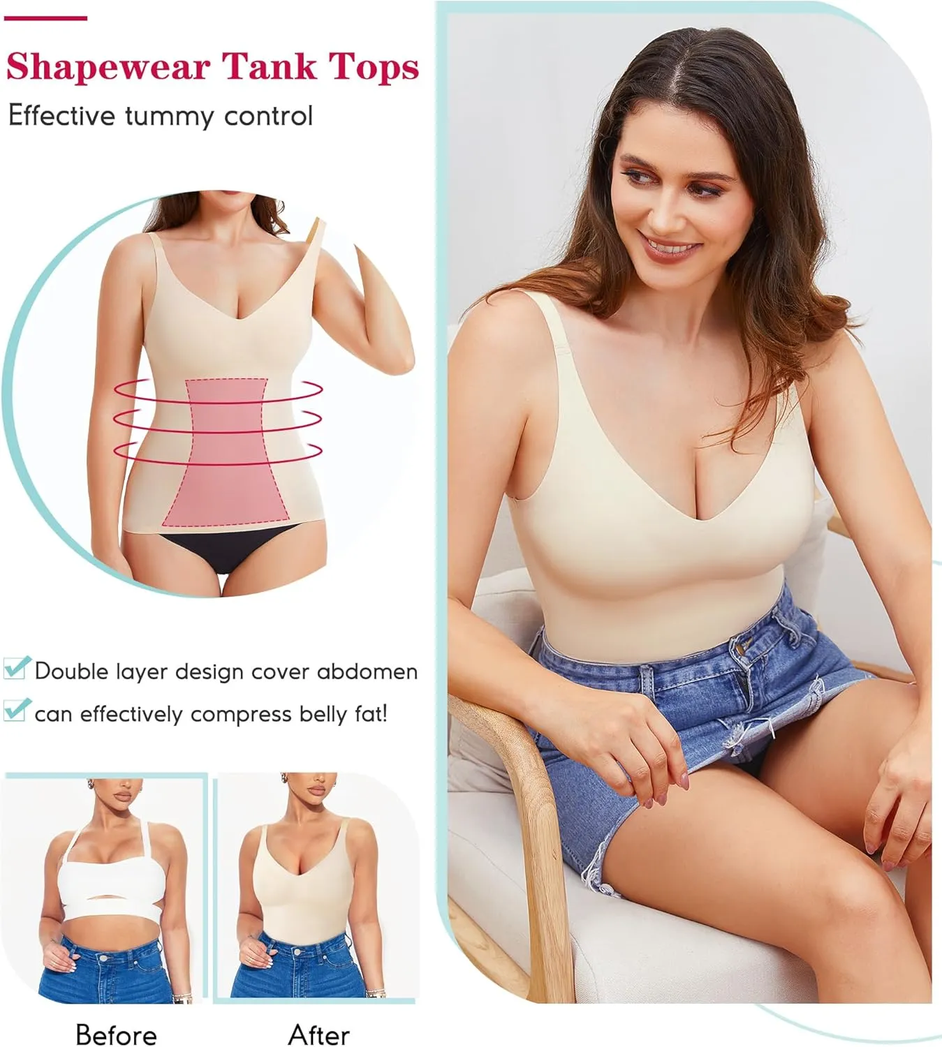 LODAY Compression Tank Tops for Women Tummy Control Shapewear Seamless Body Shaper Workout V-Neck Camisole Cami Tops
