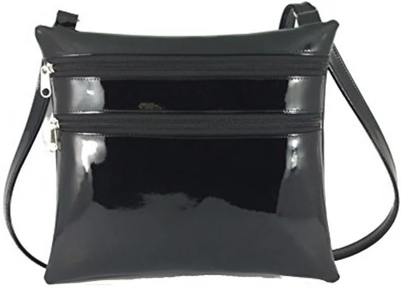 LONI Womens Super Flat Cross-Body Shoulder Bag Faux Patent Leather Medium Size