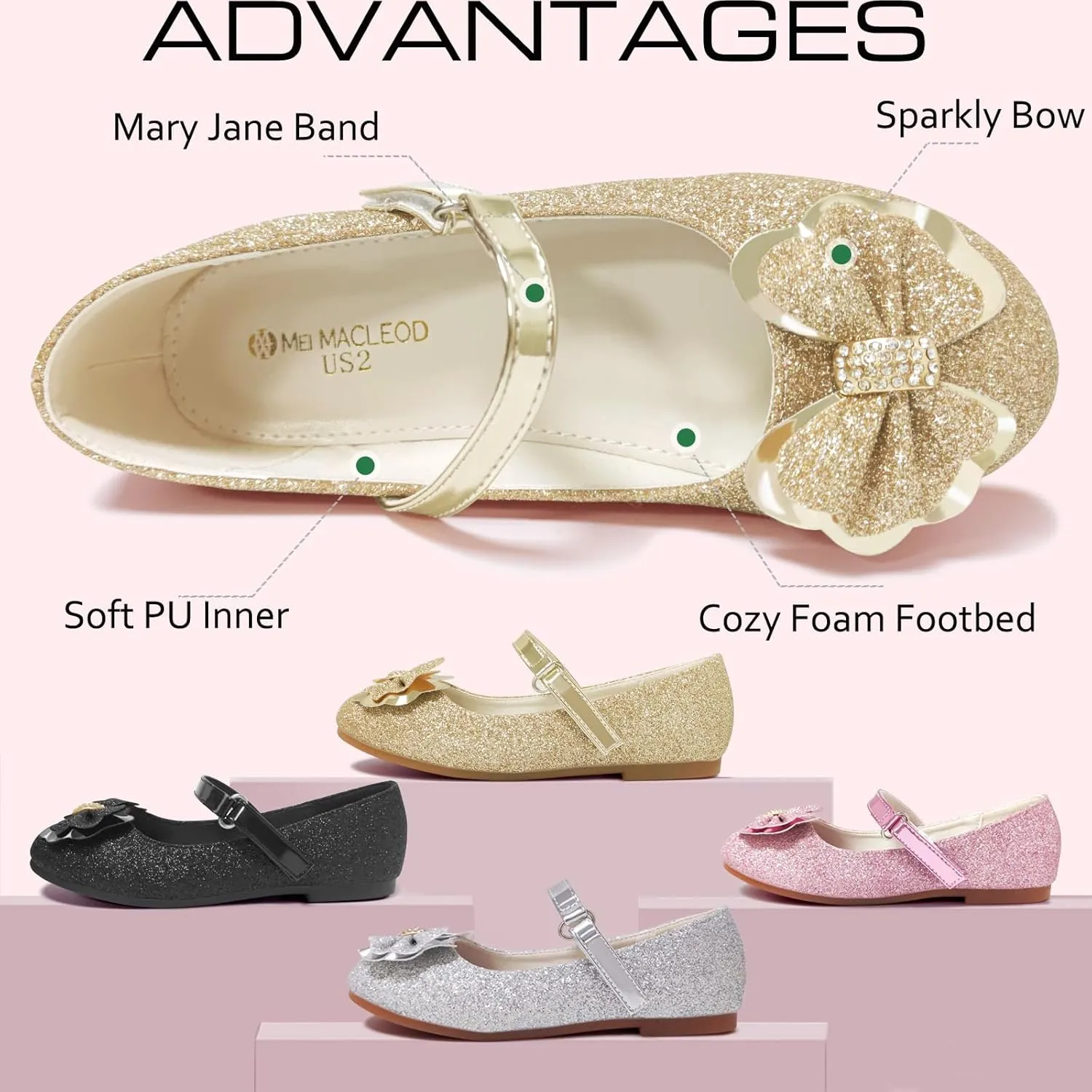 Mei MACLEOD Girl's Mary Jane Shoes Ballerina Shoes, Princess Dress Shoes for Party Wedding