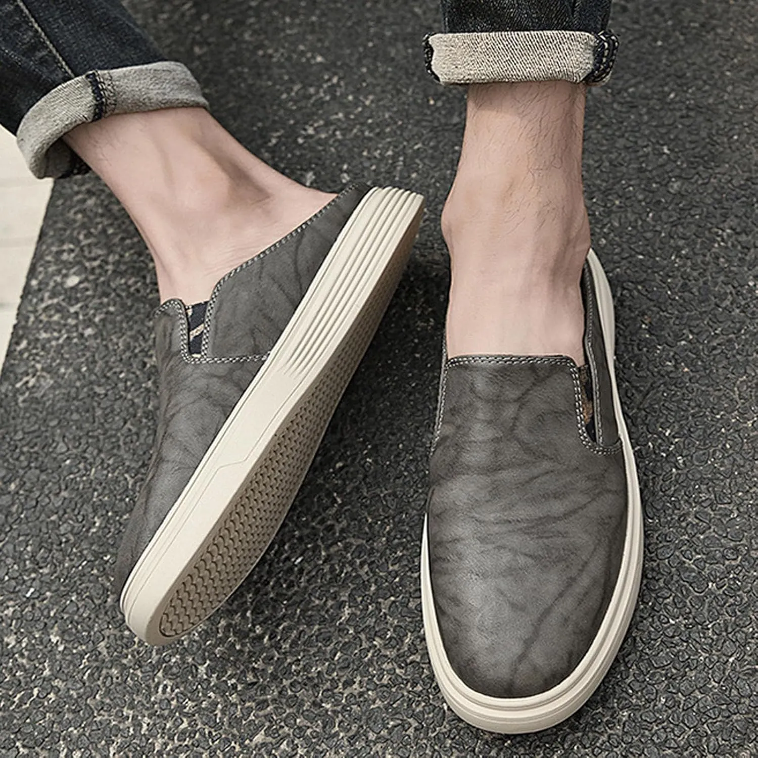 Men Cowhide Slip On Flat mule Shoes Summer Closed Round Toe Fashion Retro Backless Dress Loafers Shoes Comfortable Anti Slip Lightweight Moccasin Half Slides
