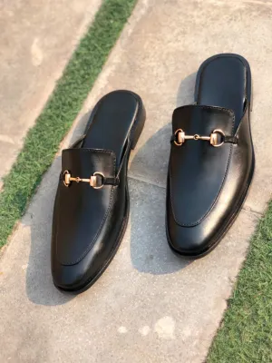 Men Handmade Black Leather Mule Slippers, Flat Horsebit Leather Slippers