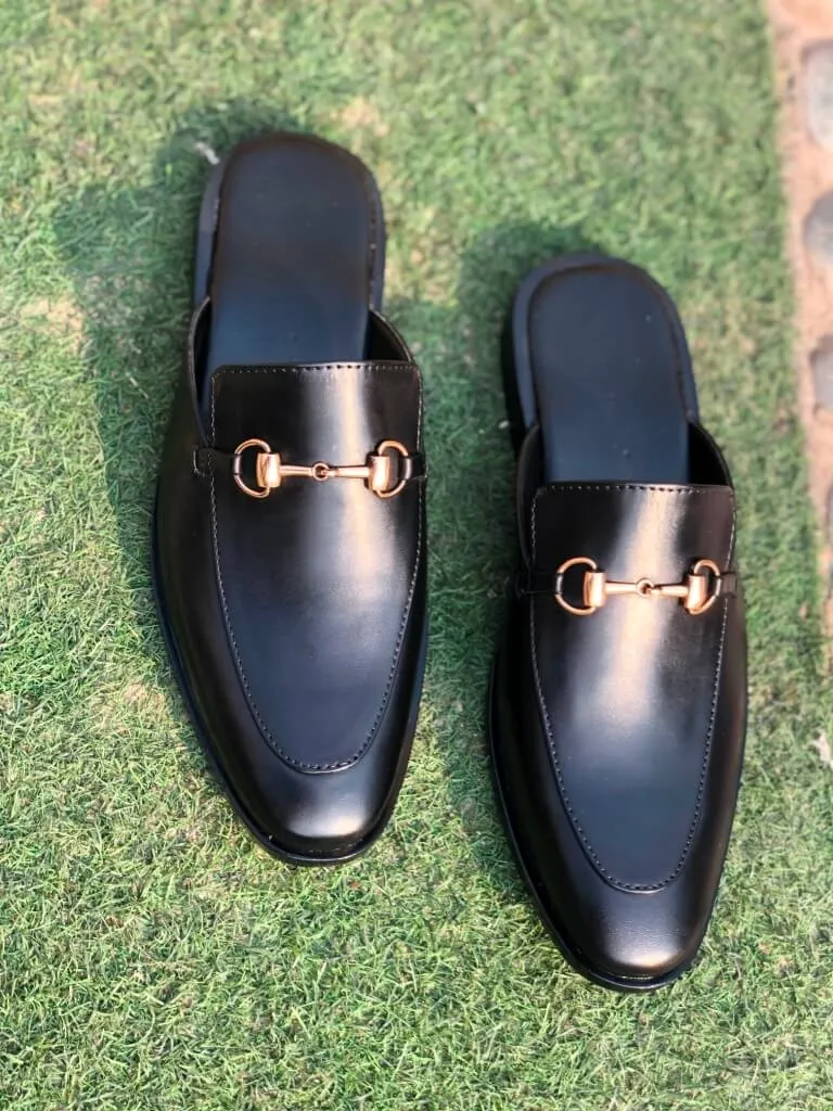 Men Handmade Black Leather Mule Slippers, Flat Horsebit Leather Slippers