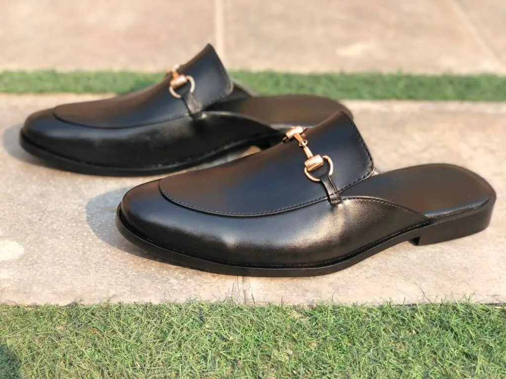 Men Handmade Black Leather Mule Slippers, Flat Horsebit Leather Slippers