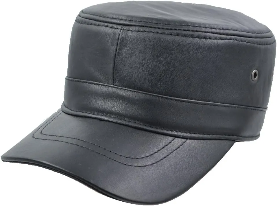 Men's Genuine Lambskin Leather Hat Military Style Flat Cap