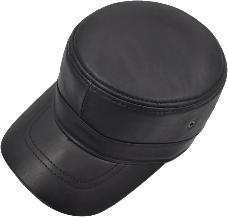Men's Genuine Lambskin Leather Hat Military Style Flat Cap