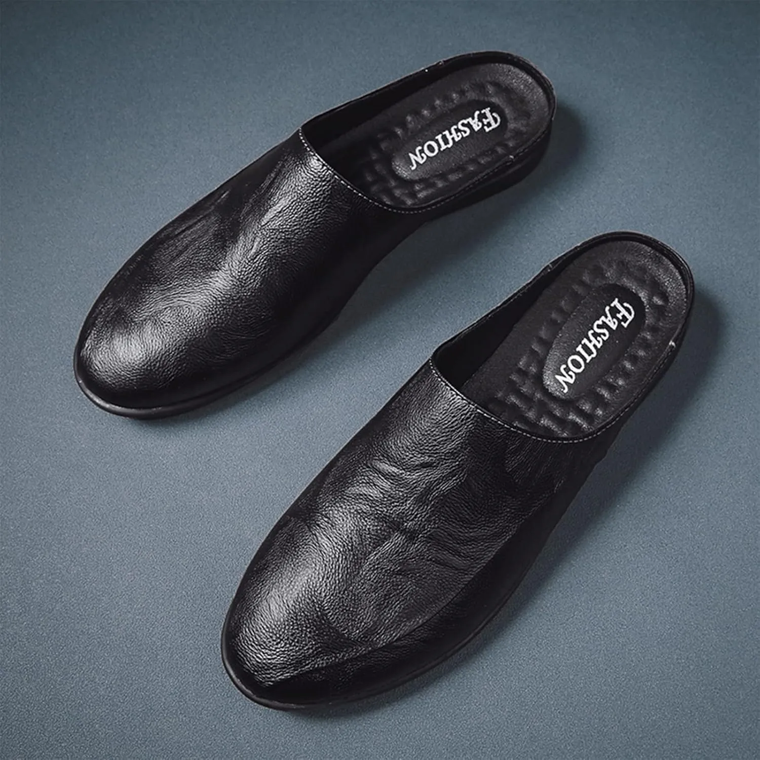 Men's Patchwork Leather Slip-On Backless Loafers Comfortable Round Toe Non-Slip Flat Heel Mule Slingback Breathable Casual Clog Slippers