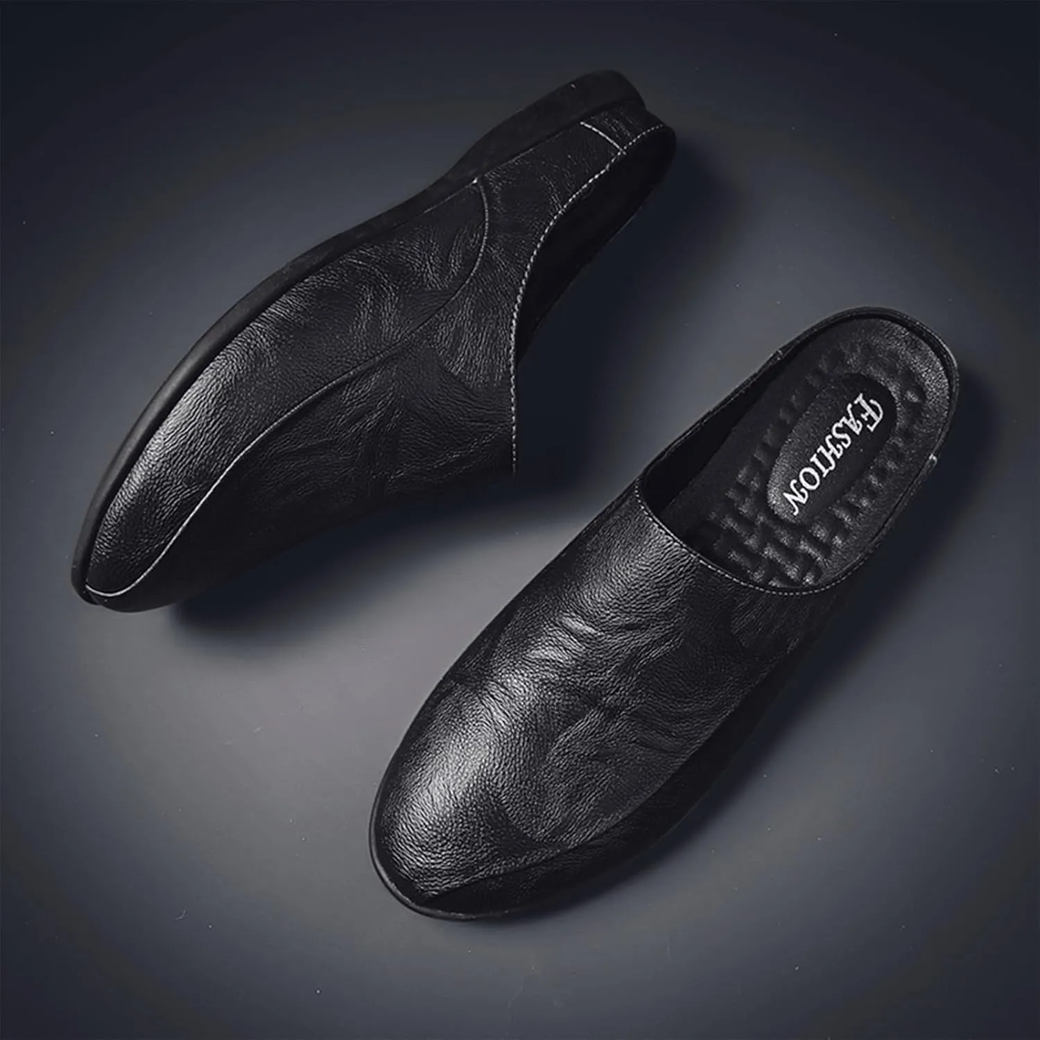 Men's Patchwork Leather Slip-On Backless Loafers Comfortable Round Toe Non-Slip Flat Heel Mule Slingback Breathable Casual Clog Slippers