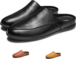 Men's Patchwork Leather Slip-On Backless Loafers Comfortable Round Toe Non-Slip Flat Heel Mule Slingback Breathable Casual Clog Slippers