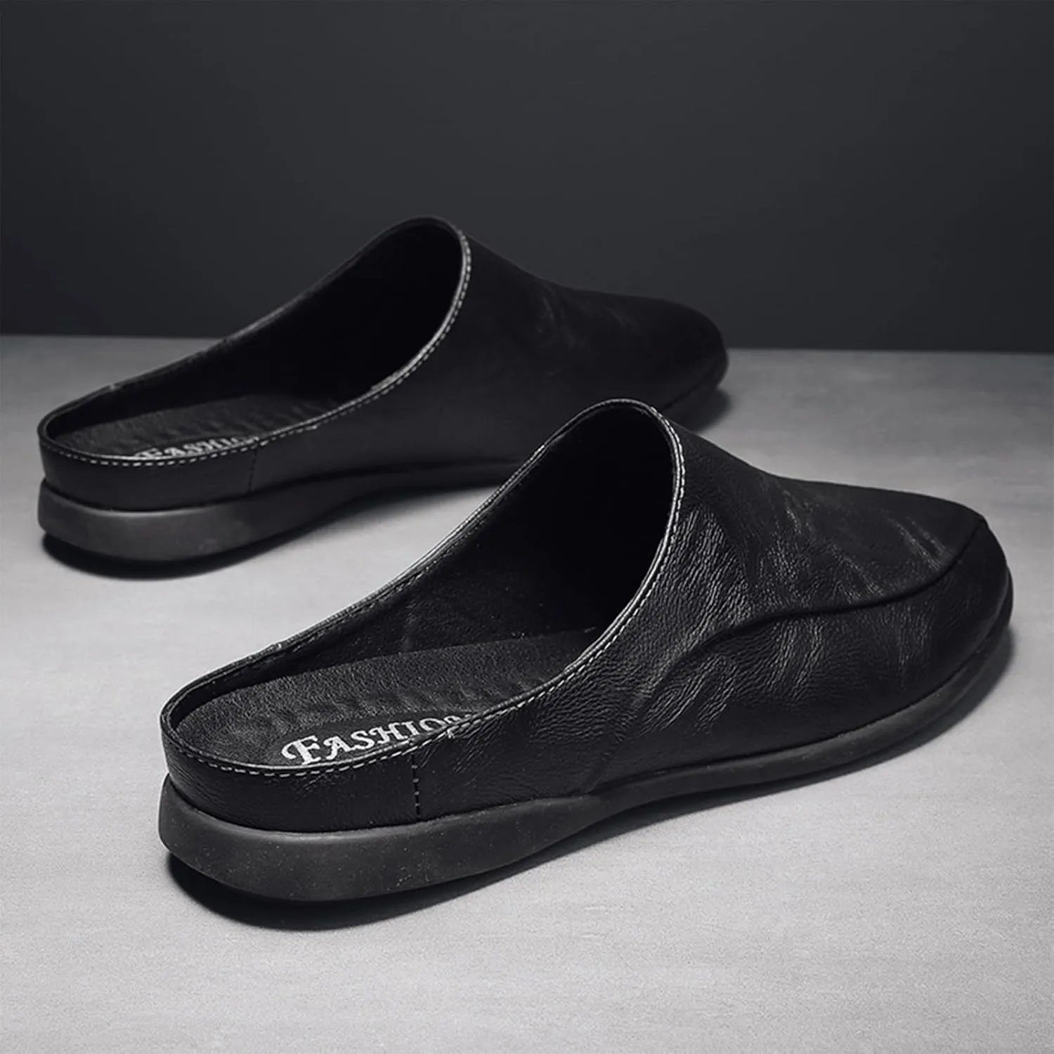 Men's Patchwork Leather Slip-On Backless Loafers Comfortable Round Toe Non-Slip Flat Heel Mule Slingback Breathable Casual Clog Slippers