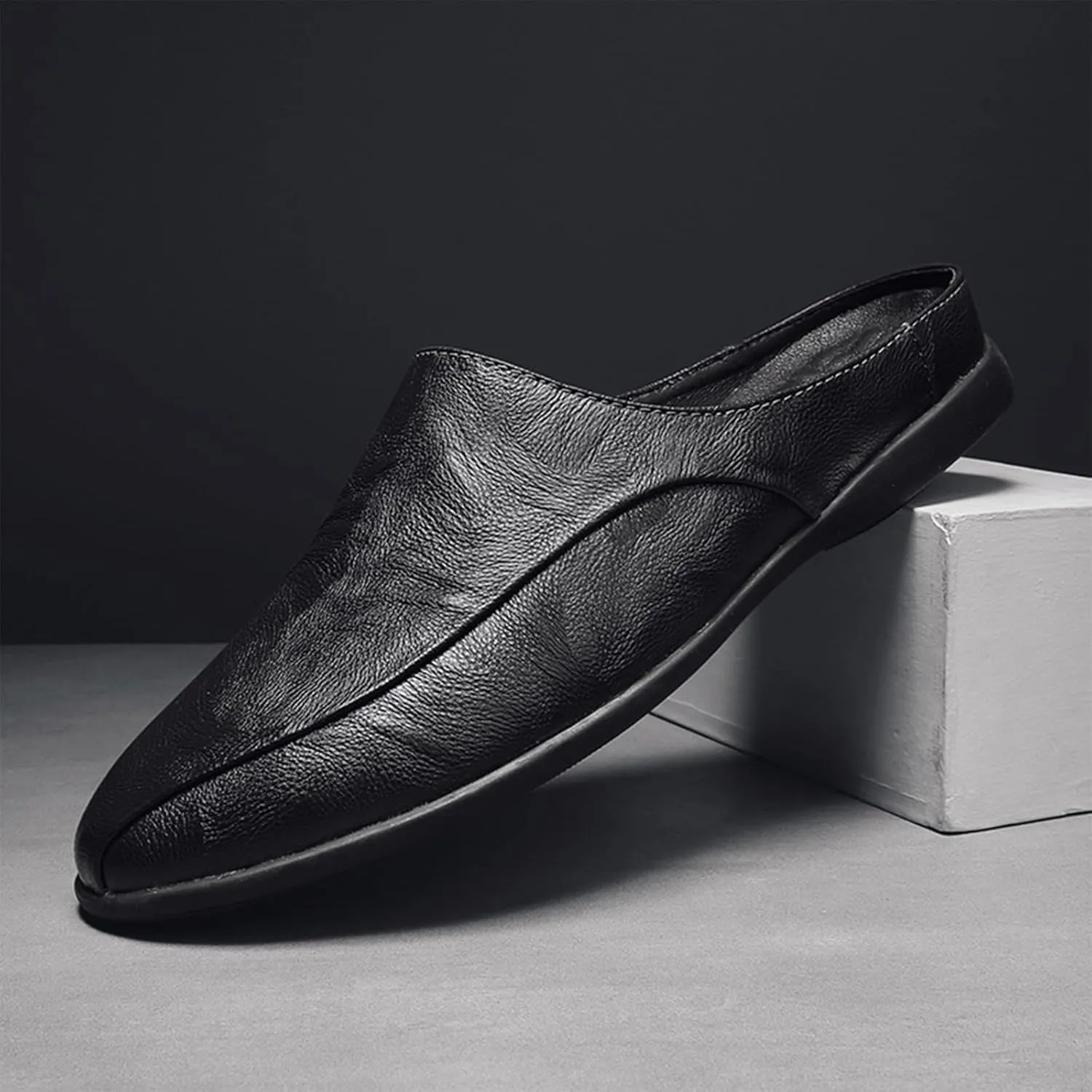 Men's Patchwork Leather Slip-On Backless Loafers Comfortable Round Toe Non-Slip Flat Heel Mule Slingback Breathable Casual Clog Slippers