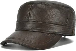 Men's Vintage Leather Military Cap Flat Top Winter Warm Male Cadet Army Caps Solid Color for Cold Weather