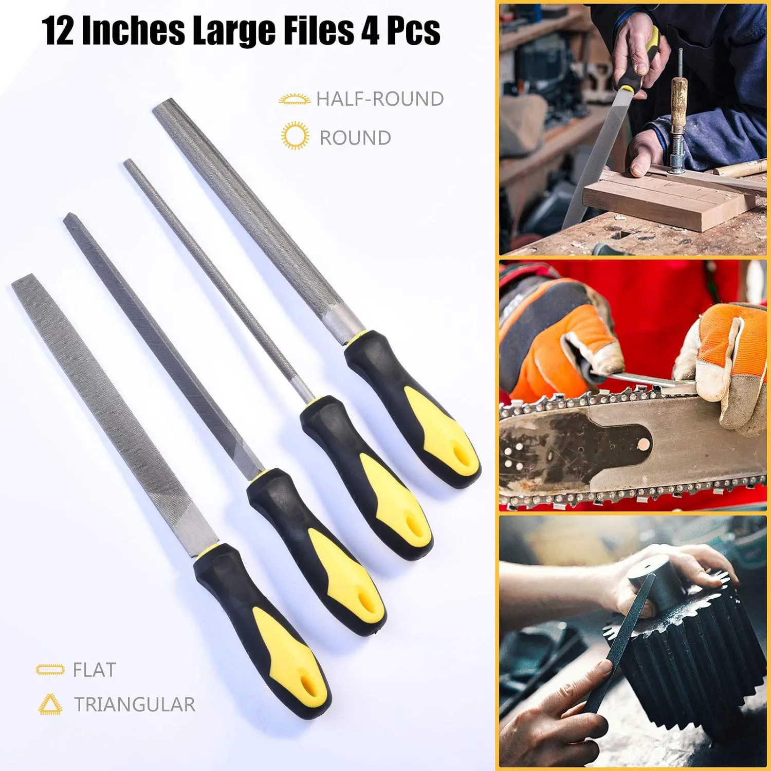 Metal File Set, Large Flat File/Half-Round File/Triangle File/Round File and 12 pcs Needle Files with Storage Bag and Steel Brush for Woodwork, Metal, Leather and Plastic