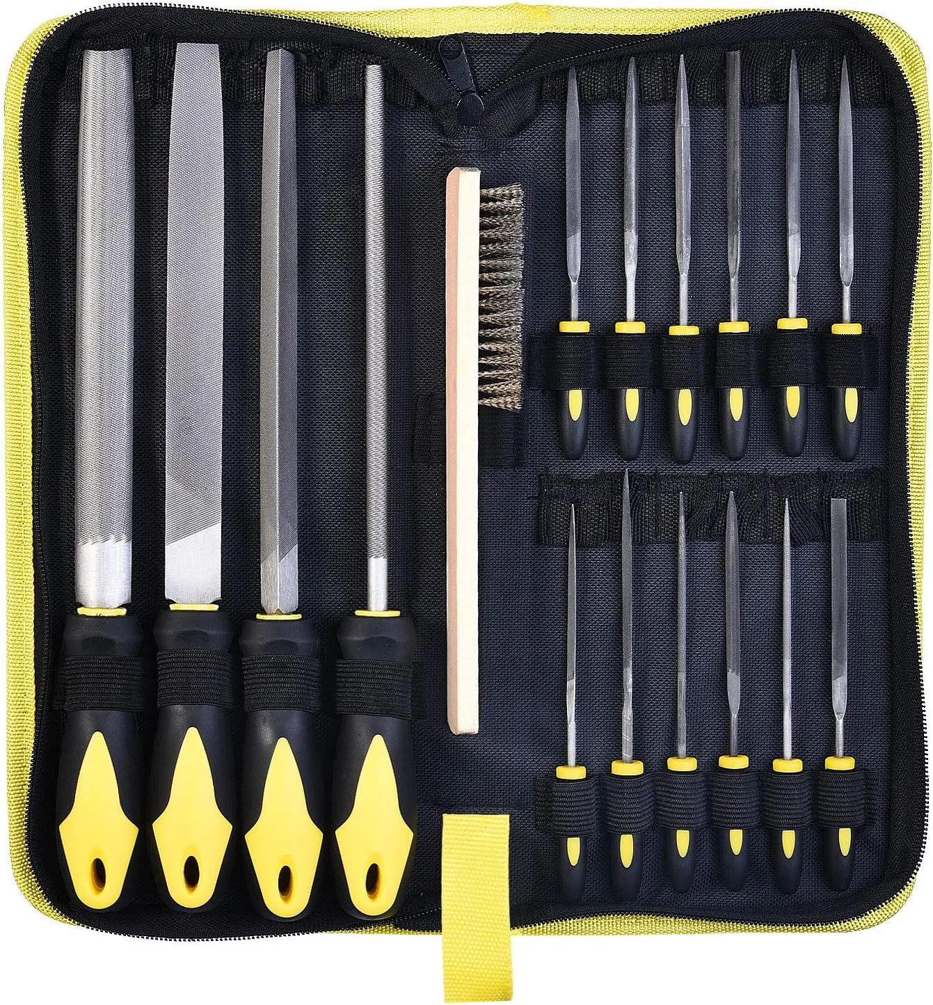 Metal File Set, Large Flat File/Half-Round File/Triangle File/Round File and 12 pcs Needle Files with Storage Bag and Steel Brush for Woodwork, Metal, Leather and Plastic