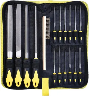 Metal File Set, Large Flat File/Half-Round File/Triangle File/Round File and 12 pcs Needle Files with Storage Bag and Steel Brush for Woodwork, Metal, Leather and Plastic
