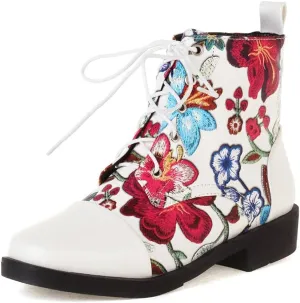 mikarka Womens Floral Embroidery Ankle Boots Round Toe Lace Up Low Chunky Heel Flat Boots Winter Booties