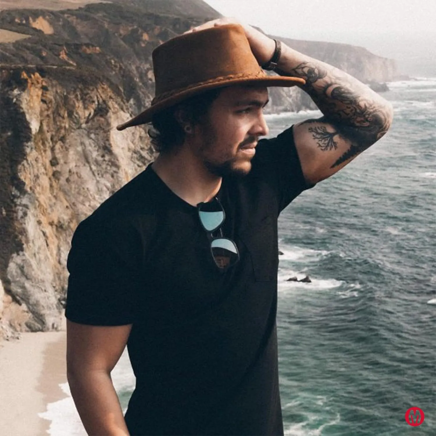 Minnetonka Outback Hat-Flat Brimmed Cowboy Hat for Men and Women Made with Distressed Leather, Hidden Steel Wire in Brim.