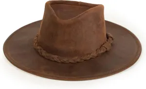 Minnetonka Outback Hat-Flat Brimmed Cowboy Hat for Men and Women Made with Distressed Leather, Hidden Steel Wire in Brim.
