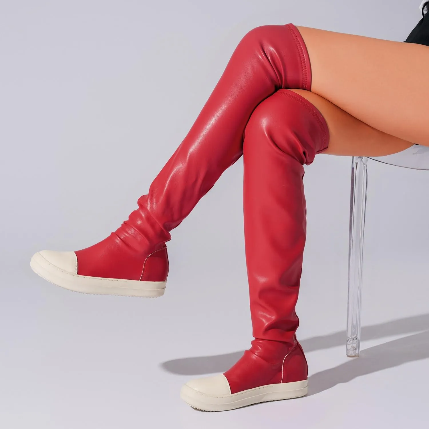 MOFEEDOUKA Thigh High Boots for Women Flat Over The Knee Round Toe Booties