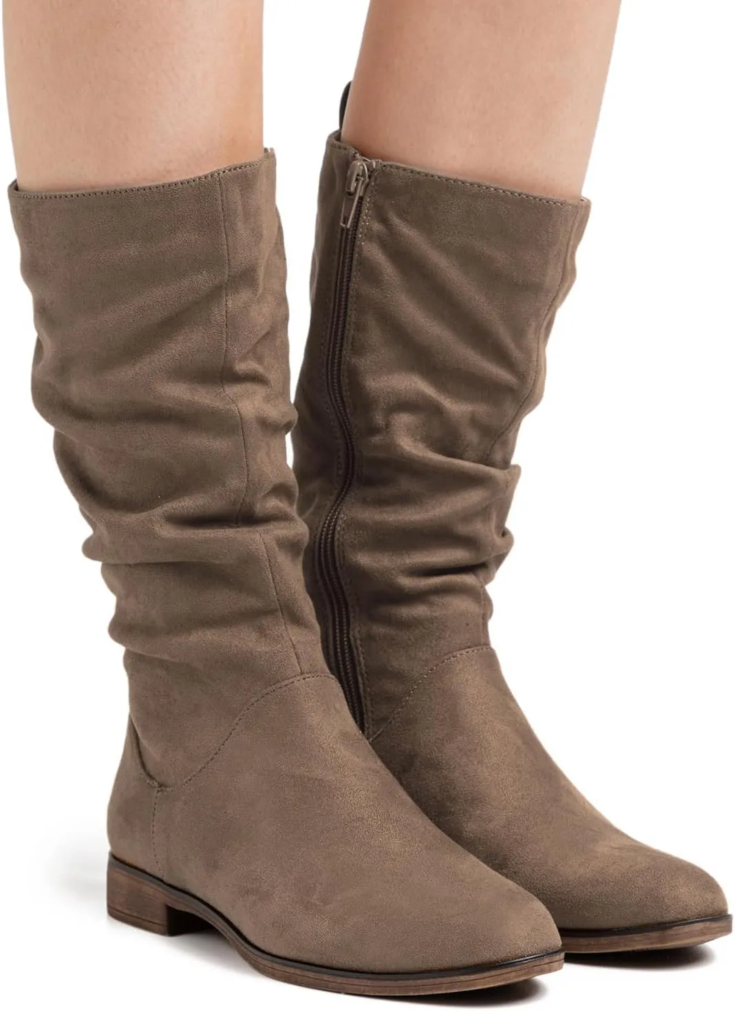 MOOMMO Women Mid Calf Slouch Boots Suede Calf High Boots Flats Flat Heel Long Boots Wide Calf Side Zipper Winter Boots Round Toe Flat Boots Retro Cute Casual Comfy Winter 4-13 M US