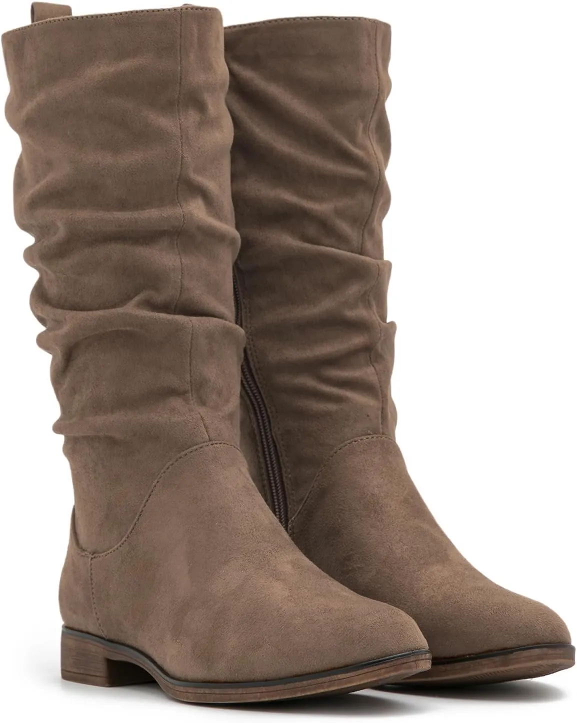 MOOMMO Women Mid Calf Slouch Boots Suede Calf High Boots Flats Flat Heel Long Boots Wide Calf Side Zipper Winter Boots Round Toe Flat Boots Retro Cute Casual Comfy Winter 4-13 M US