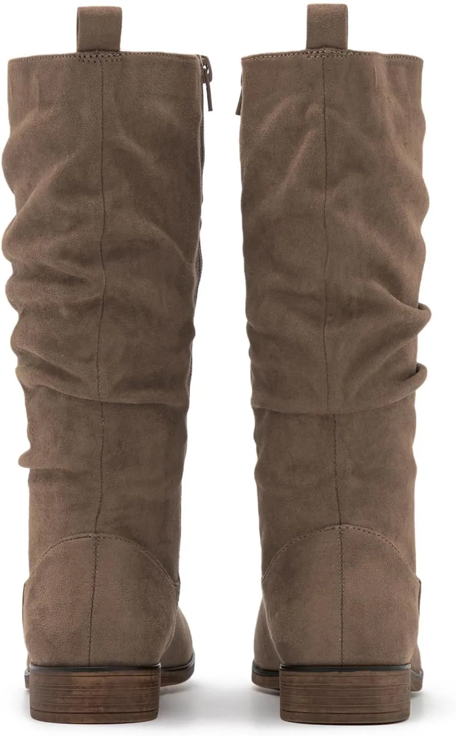 MOOMMO Women Mid Calf Slouch Boots Suede Calf High Boots Flats Flat Heel Long Boots Wide Calf Side Zipper Winter Boots Round Toe Flat Boots Retro Cute Casual Comfy Winter 4-13 M US
