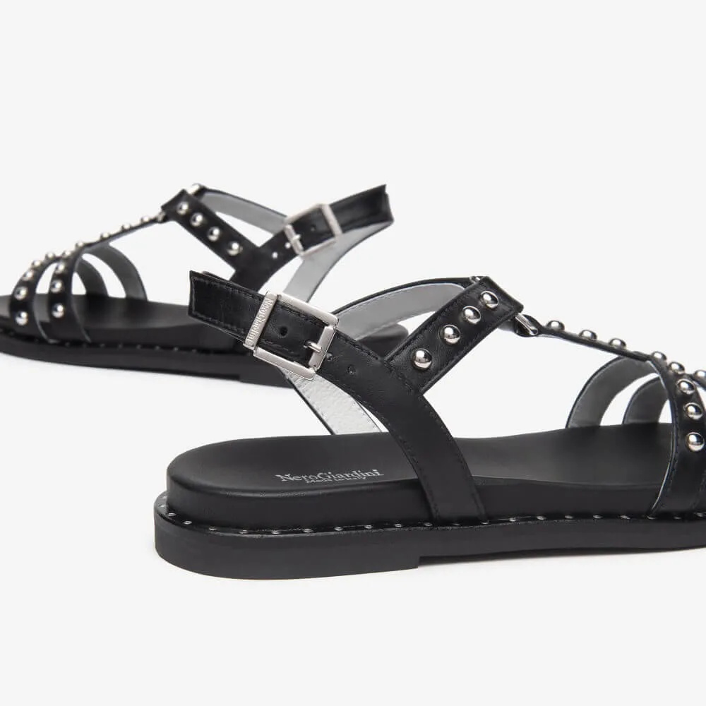NeroGiardini Flat Leather Sandal E513480D-BLACK