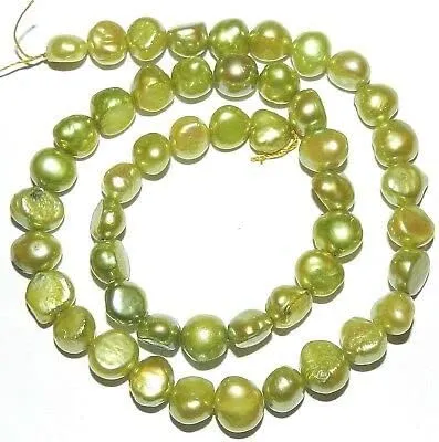 NP425 Green 8mm Flat-Sided Potato Cultured Freshwater Pearl Gemstone Beads 14"